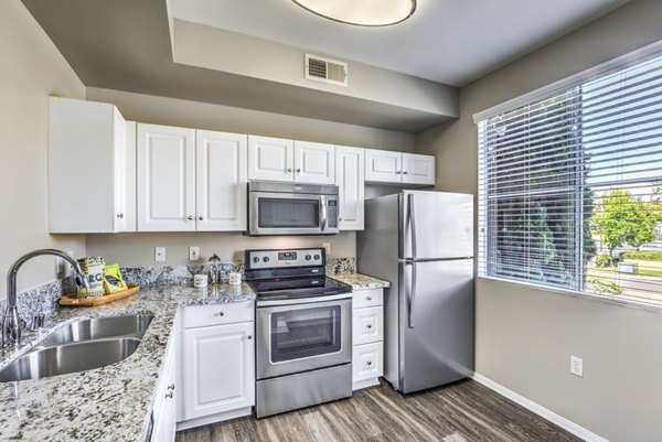 Modern kitchen with sleek countertops and stainless steel appliances at Regents Court Apartments