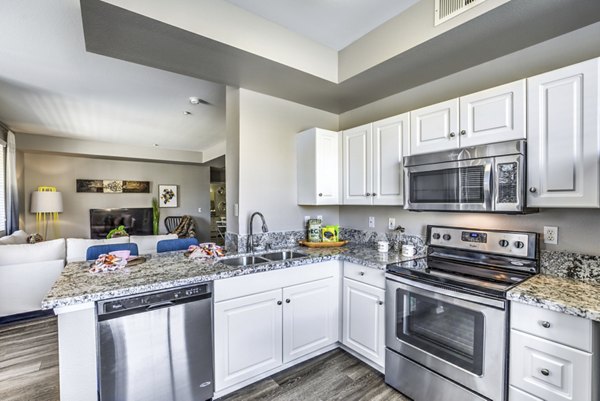 Modern kitchen with stainless steel appliances at Regents Court Apartments