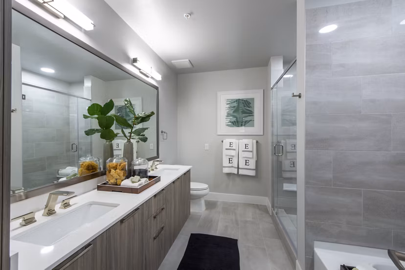 Modern bathroom with sleek fixtures at Ellison Heights Apartments, luxury living by Greystar