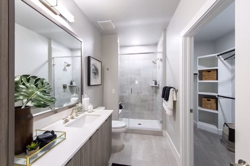 Modern bathroom with sleek fixtures in Ellison Heights Apartments