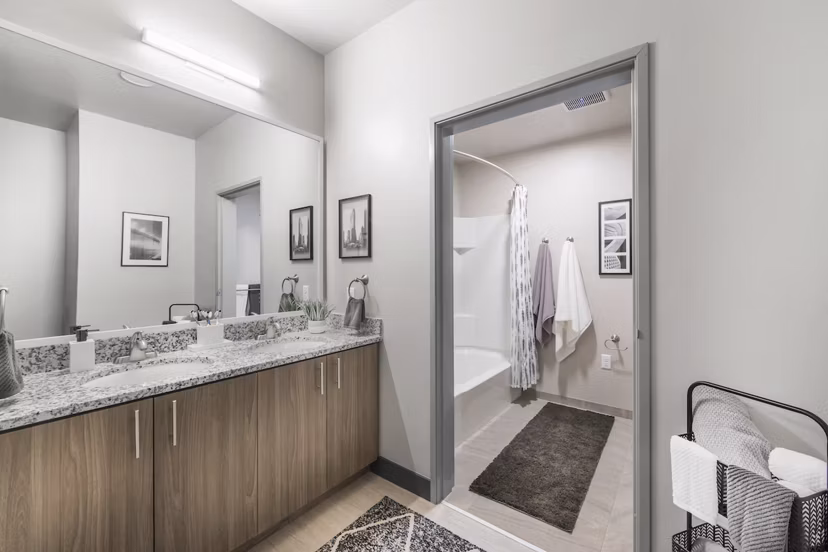 Bathroom with modern fixtures at Hornet Commons Apartments, featuring sleek design and spacious countertops