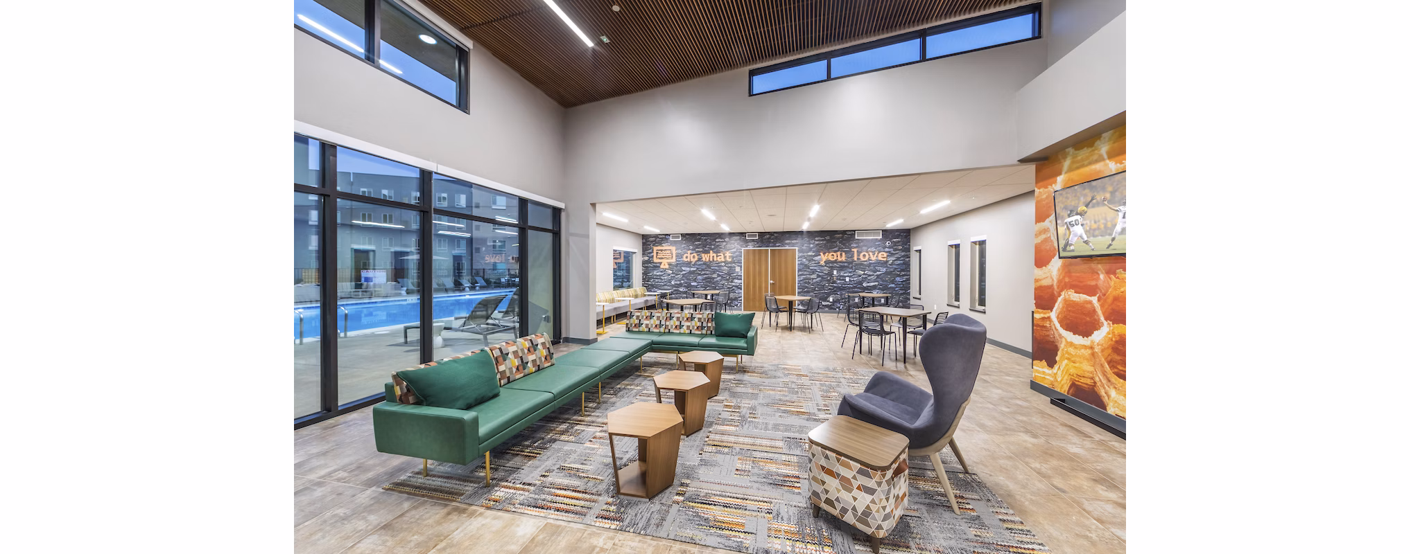 Luxurious clubhouse with modern dÃ©cor at Hornet Commons Apartments in Sacramento