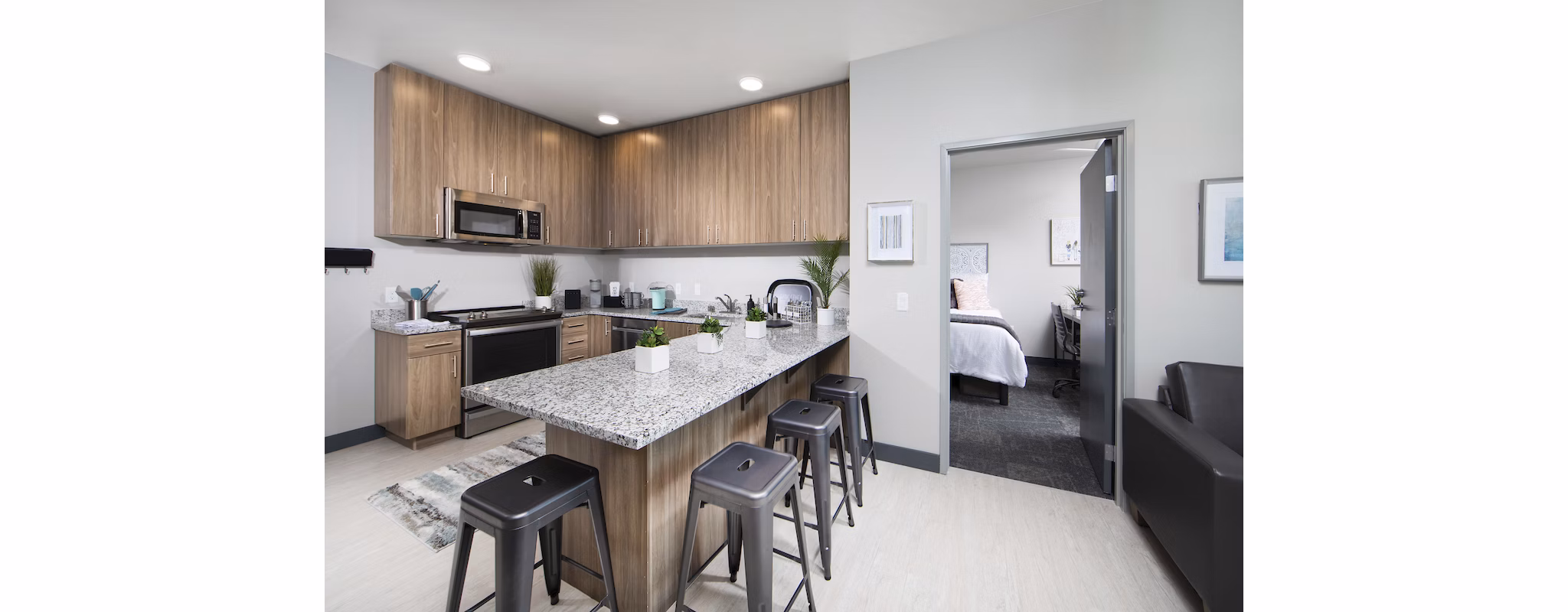 Modern kitchen with stainless steel appliances at Hornet Commons Apartments, Greystar luxury apartments in Sacramento