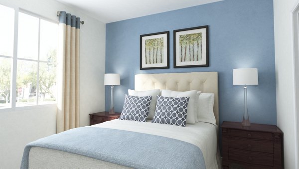 Spacious bedroom with modern decor at Museum Park Apartments, luxury living near vibrant city attractions