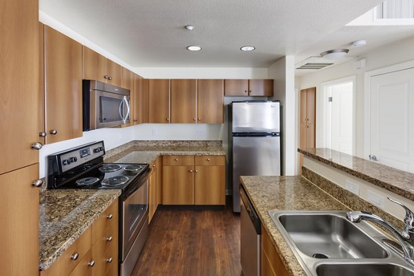 Modern kitchen with stainless steel appliances at Museum Park Apartments