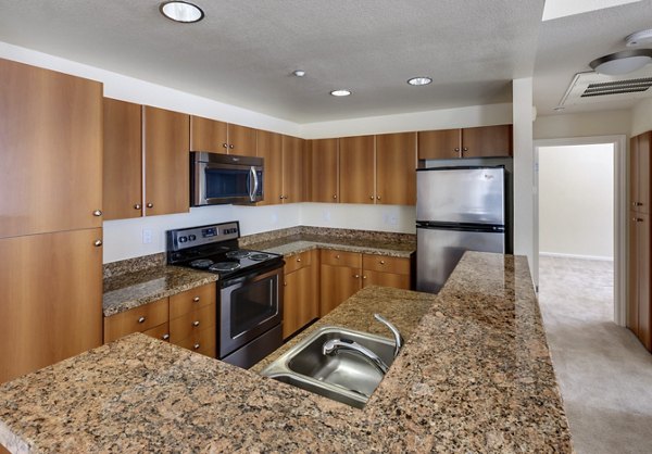 Modern kitchen with stainless steel appliances and granite countertops at Museum Park Apartments