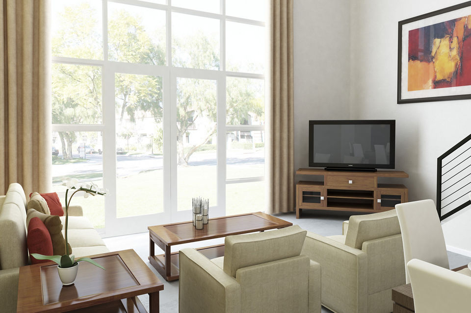 Spacious living room with contemporary design at Museum Park Apartments in heart of the city