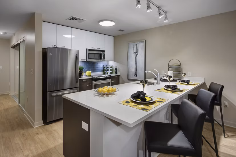 One South Market Apartments: Modern kitchen with stainless steel appliances and quartz countertops