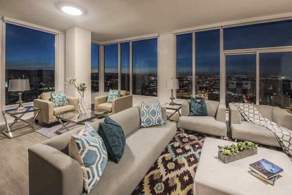 Elegant living room with modern furnishings at One South Market Apartments in downtown, perfect for luxury living