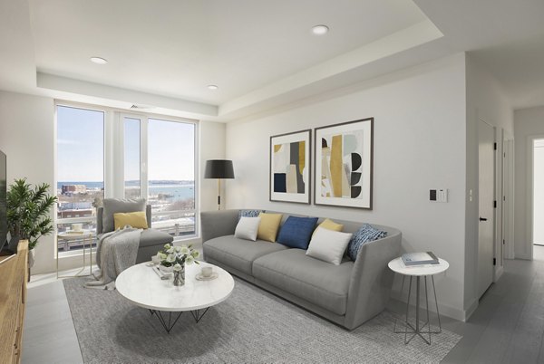 Spacious living room with modern decor at Caldwell Apartments