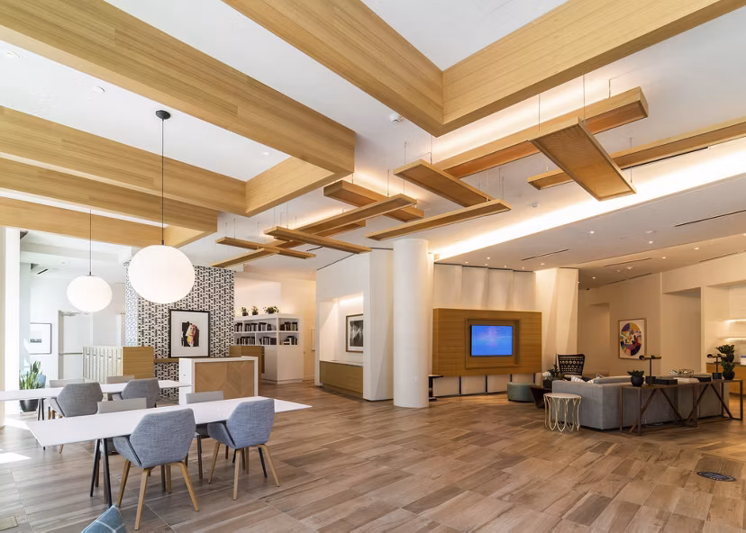 Clubhouse featuring modern design and seating at The Upper Ivy Apartments, a Greystar luxury community in Culver City