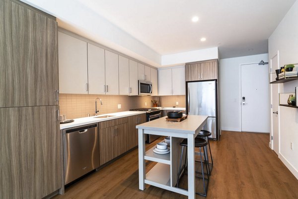 Contemporary kitchen with stainless steel appliances at The Upper Ivy Apartments