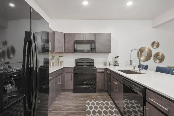 Modern kitchen featuring stainless steel appliances and granite countertops at Haven Dell Apartments