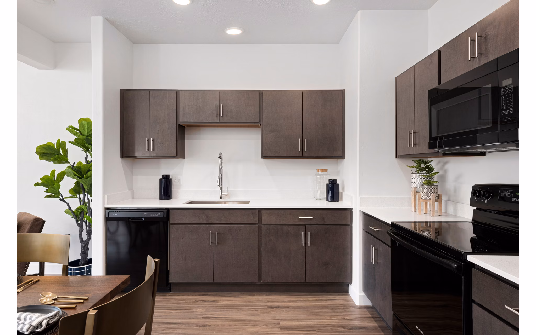 Modern kitchen with stainless steel appliances at Haven Dell Apartments, luxury living by Greystar