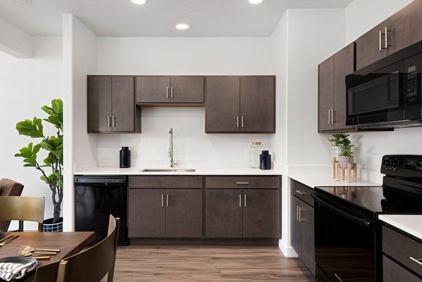 Modern kitchen with stainless steel appliances at Haven Dell Apartments, luxury living by Greystar