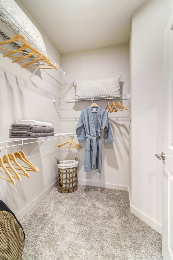 Spacious bedroom closet with built-in storage at Album Benbrook Apartments, a Greystar community in Benbrook, ideal for luxury apartment living