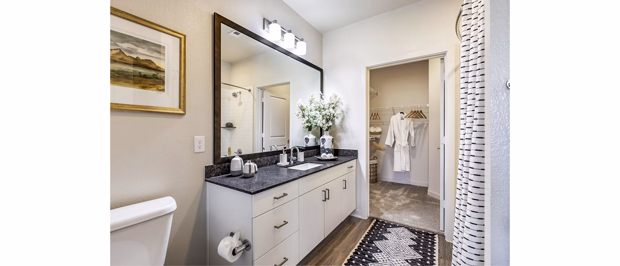 Modern bathroom with elegant fixtures at Album Benbrook Apartments offering luxury living experiences near Fort Worth, Texas