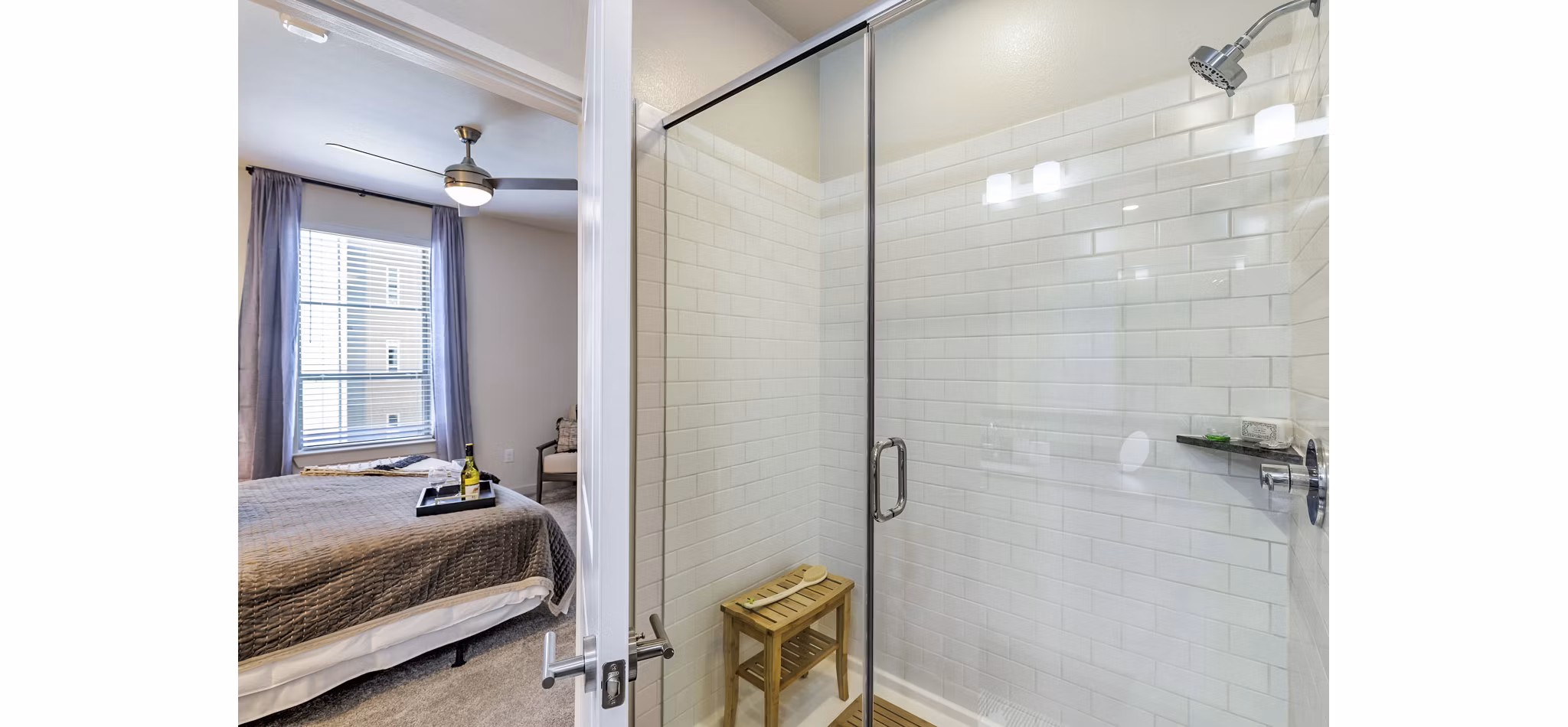 Modern bathroom featuring sleek fixtures and subway tile in Album Benbrook Apartments