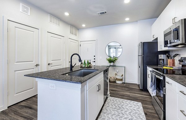 Modern kitchen featuring sleek countertops and stainless steel appliances at Album Benbrook Apartments