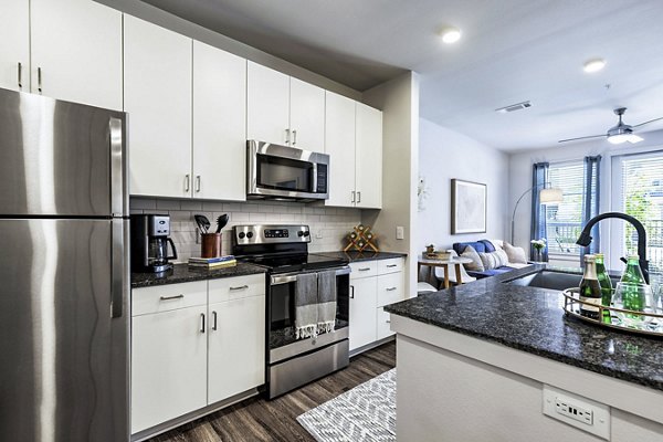 Modern kitchen with stainless steel appliances at Album Benbrook Apartments