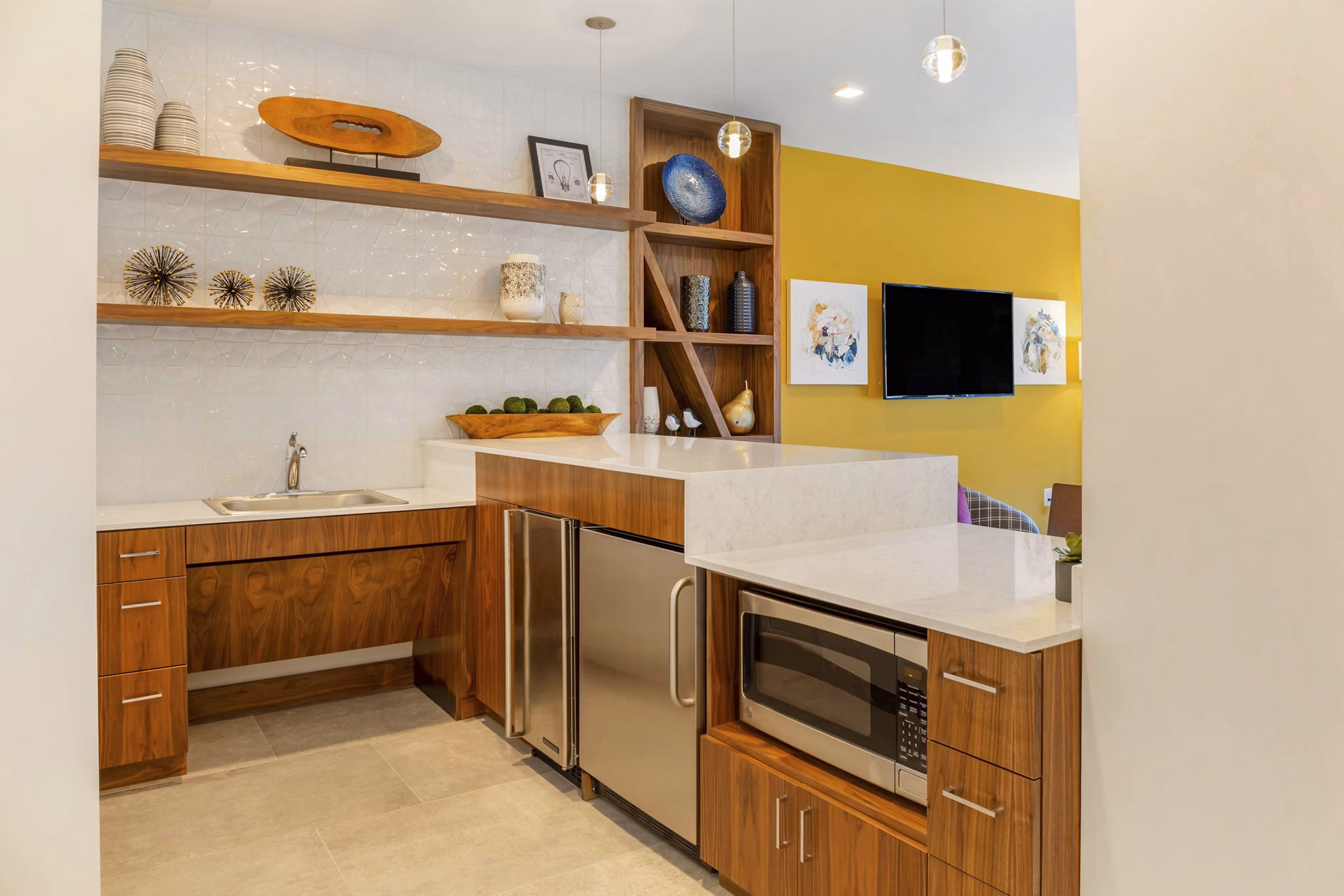 Elegant clubhouse with modern design at Potomac Towers Apartments, perfect for gatherings and relaxation in a luxury living community