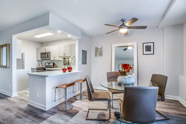 Elegant dining room with modern decor at Potomac Towers Apartments, offering luxury living space in a sophisticated setting