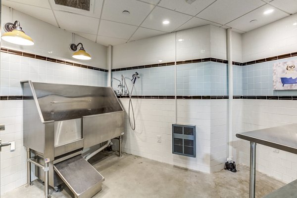 Dog wash station with stainless steel fixtures at Boston East Apartments, providing convenient pet care for residents in Boston luxury housing