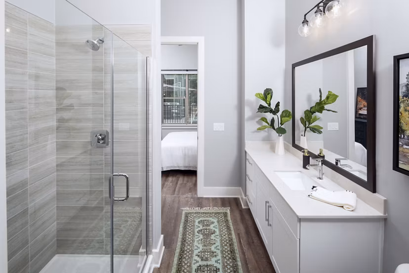 Modern bathroom with sleek finishes at Broadstone Trailside Apartments, offering luxury living at Greystar's premier property