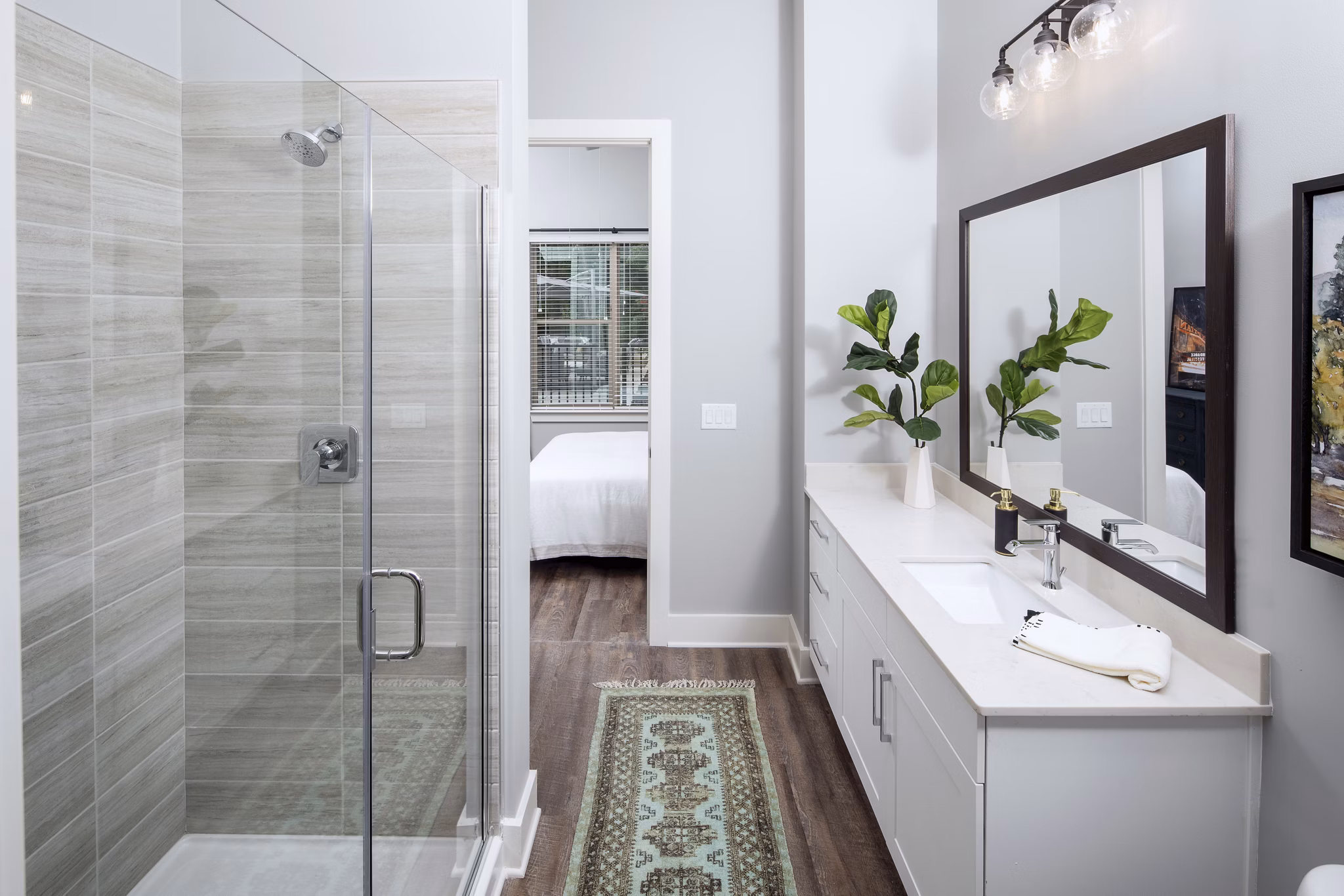 Modern bathroom with sleek finishes at Broadstone Trailside Apartments, offering luxury living at Greystar's premier property