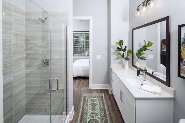 Modern bathroom with sleek finishes at Broadstone Trailside Apartments, offering luxury living at Greystar's premier property