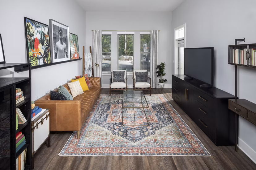 Bright living room with modern decor at Broadstone Trailside Apartments, featuring excellent amenities for luxury living