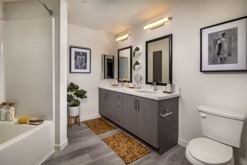 Bathroom featuring modern design elements at Garrison Apartments, a luxury property by Greystar