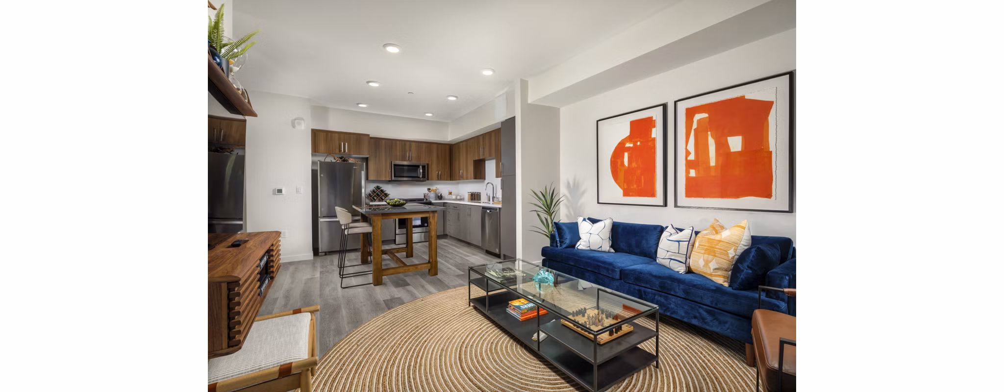 Elegant living room with contemporary furnishings in Garrison Apartments