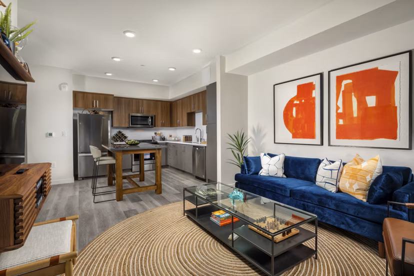 Elegant living room with contemporary furnishings in Garrison Apartments