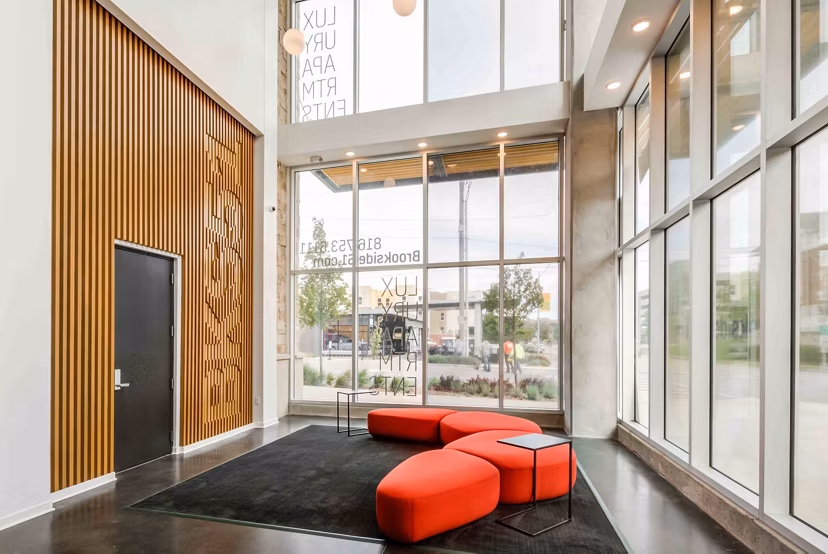 Luxury clubhouse with modern design at Brookside 51 Apartments featuring elegant seating areas and entertainment spaces