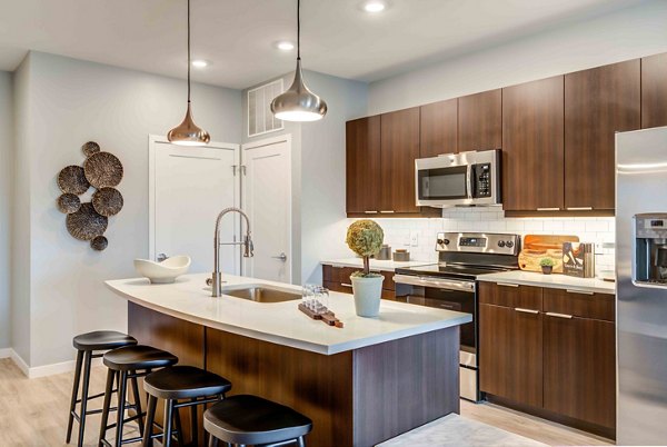 Modern kitchen with stainless steel appliances in Brookside 51 Apartments