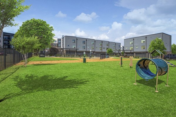 Pet-friendly dog park at The Jameson at the Bluffs Apartments, equipped with agility obstacles