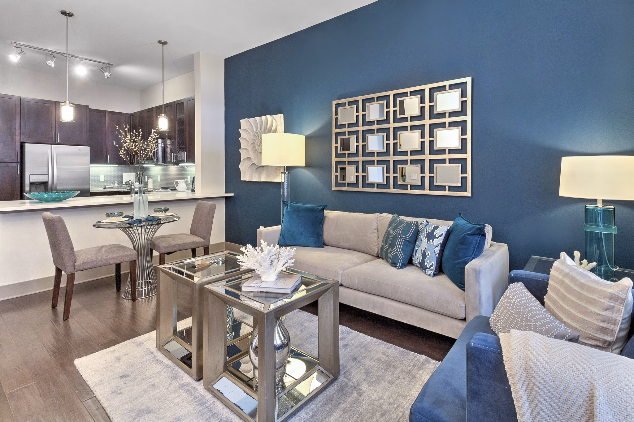 Modern living room with sleek dÃ©cor at Circuit Apartments, enhancing urban luxury apartment living