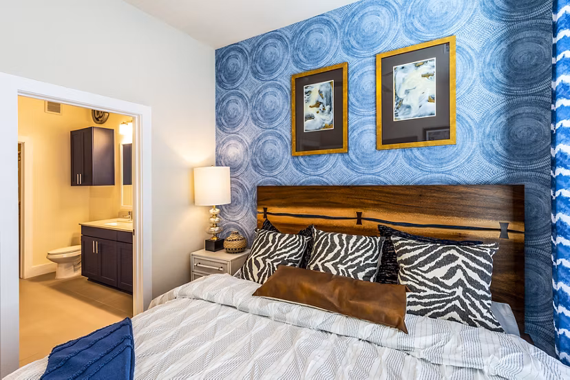 Cozy bedroom with modern decor at Foundry on 19th Apartments