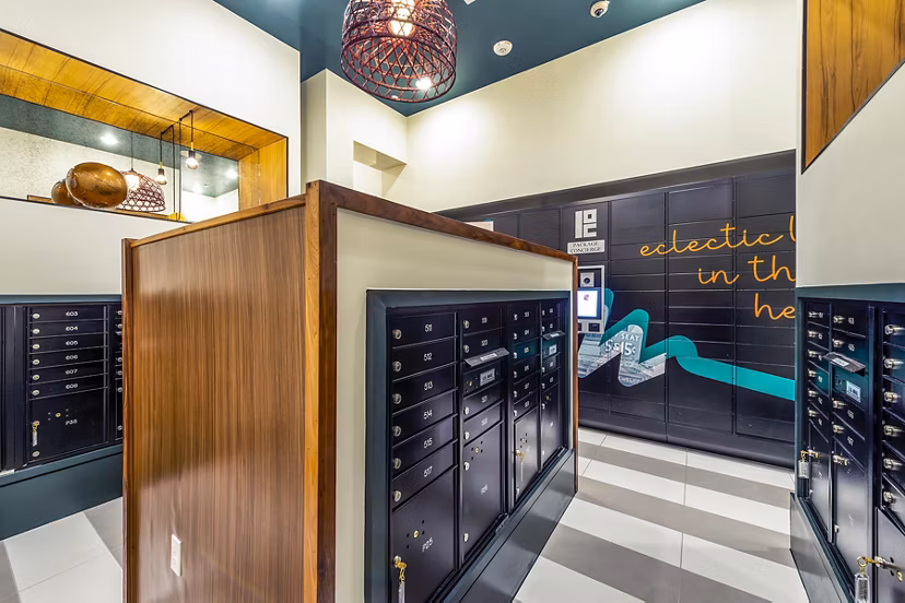 Mail room with secure parcel lockers at Foundry on 19th Apartments