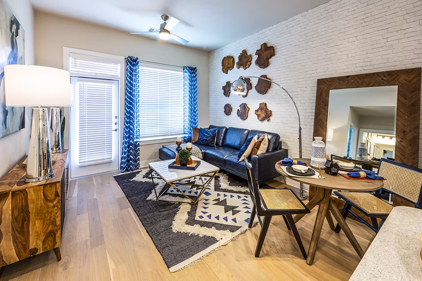 Stylish living room with modern furnishings at Foundry on 19th Apartments
