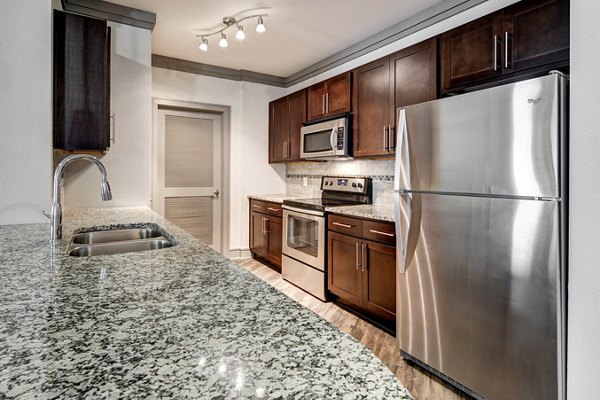 Modern kitchen with stainless steel appliances at The Manor at Weston Apartments