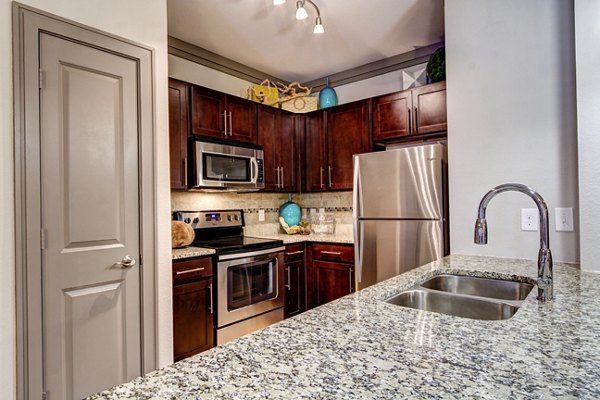 Contemporary kitchen with stainless steel appliances at The Manor at Weston Apartments