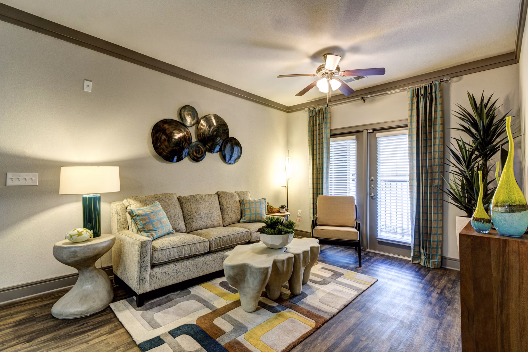 Spacious living room with contemporary design in The Manor at Weston Apartments