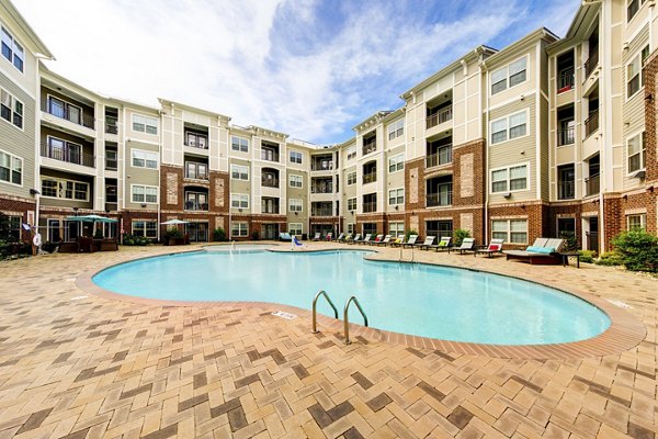 Pool area with elegant loungers and lush landscaping at The Manor at Weston Apartments, offering a luxury oasis for relaxation and recreation