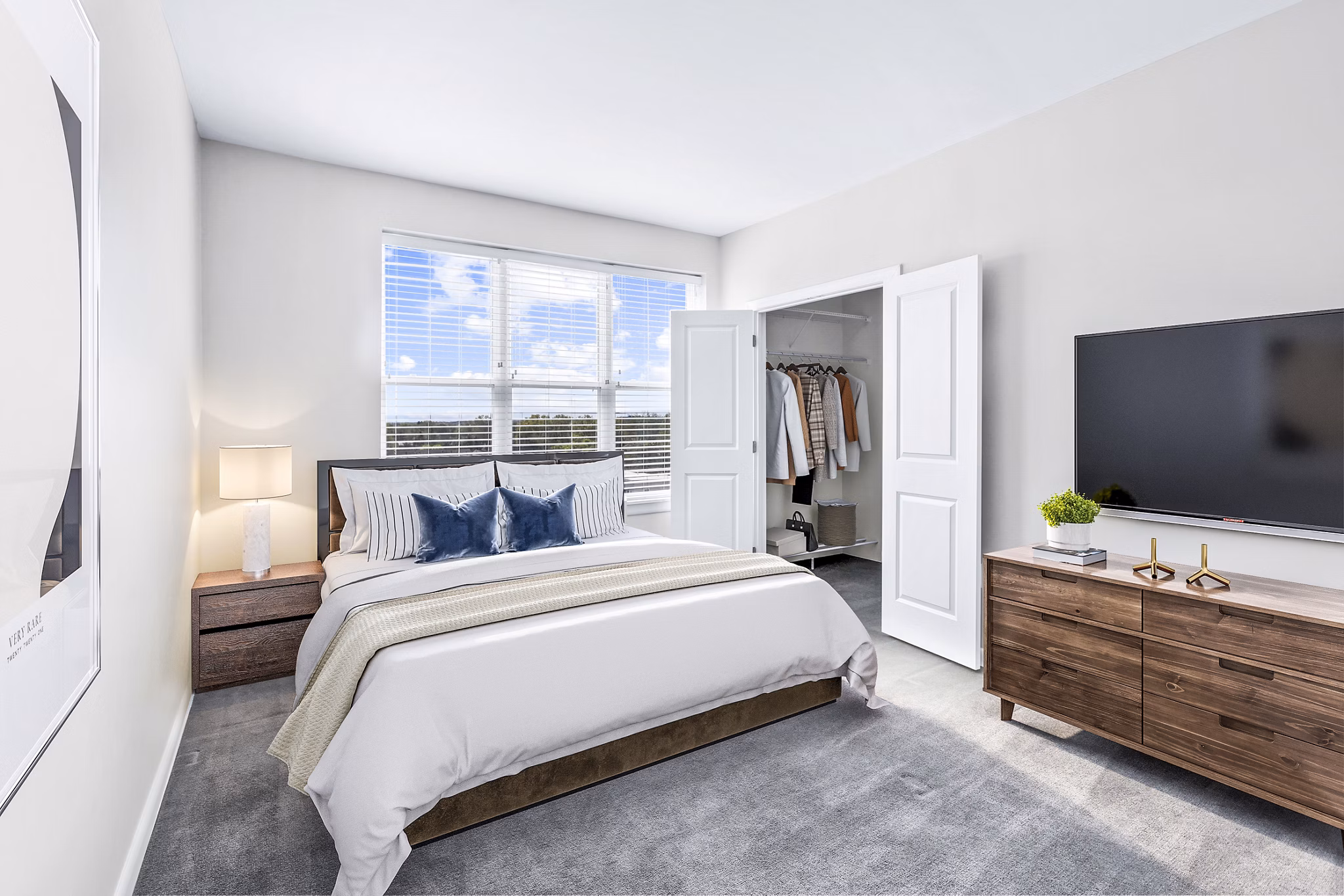 Bedroom featuring modern decor and plush bedding at Pike3400 Apartments in downtown Baltimore