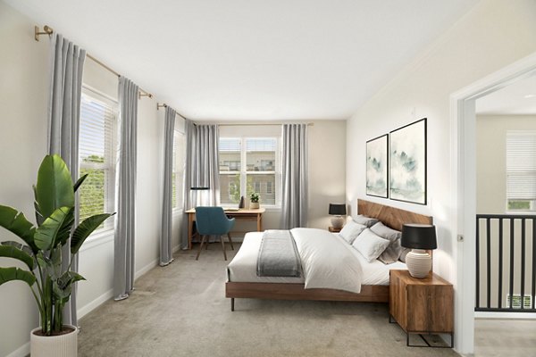 Cozy bedroom with elegant furnishings at Pike3400 Apartments