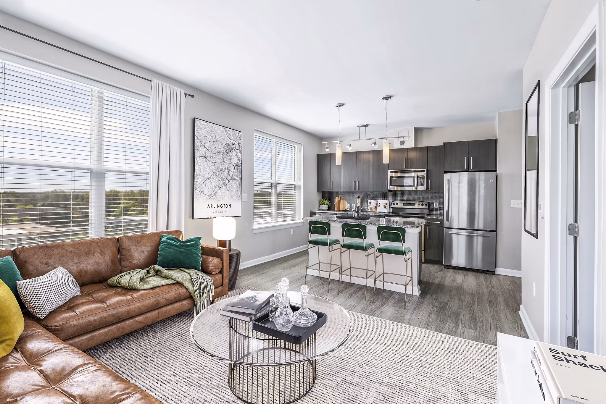 Spacious living room with modern decor at Pike3400 Apartments
