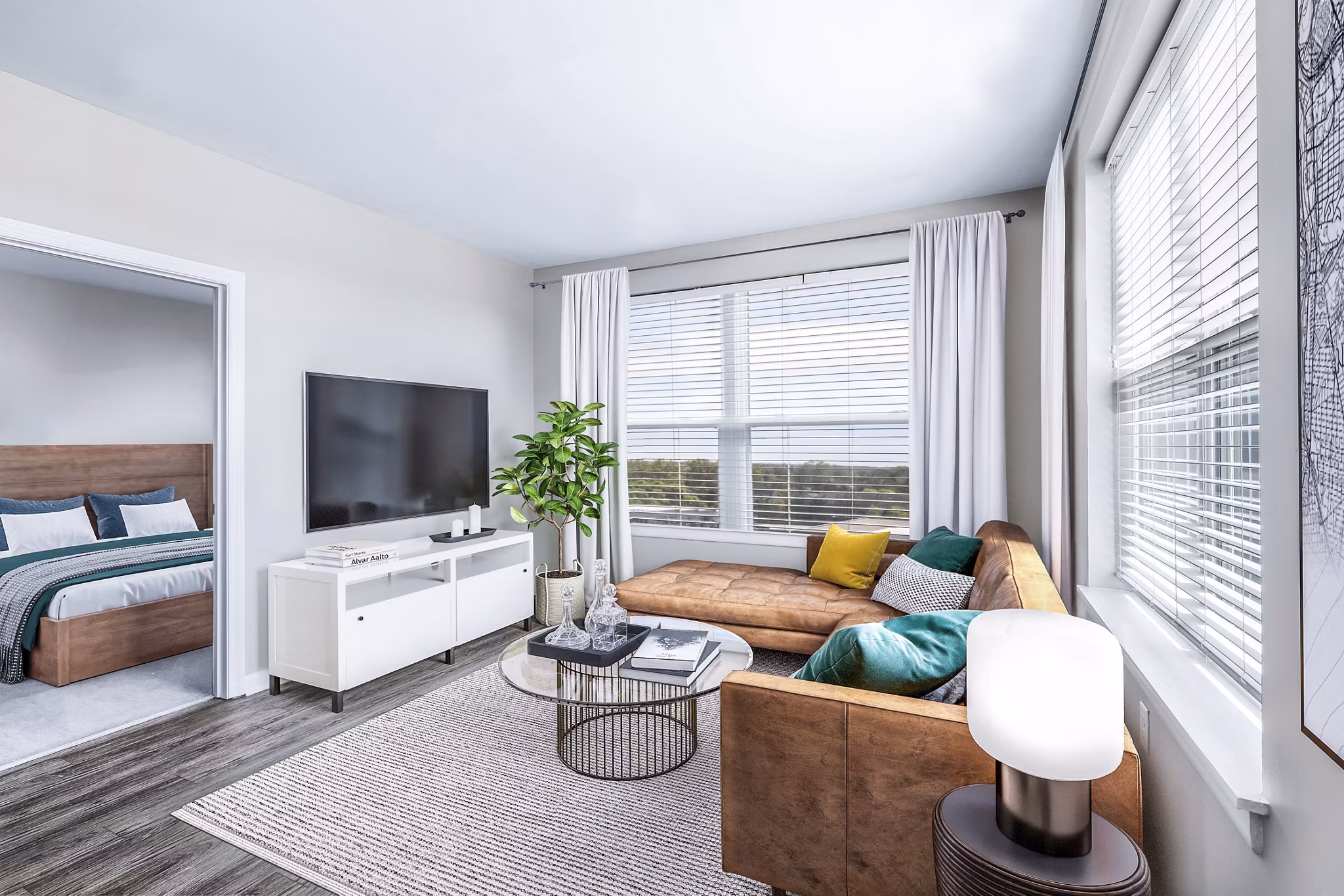Spacious living room with modern decor at Pike3400 Apartments