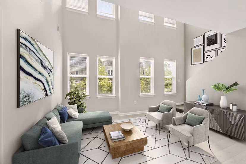 Contemporary living room with sleek furniture at Pike3400 Apartments